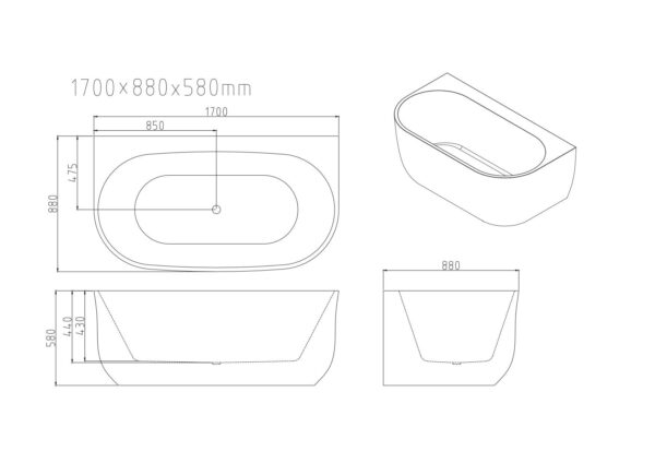 Anna Back-To-Wall Bathtub – Gloss White - Image 5